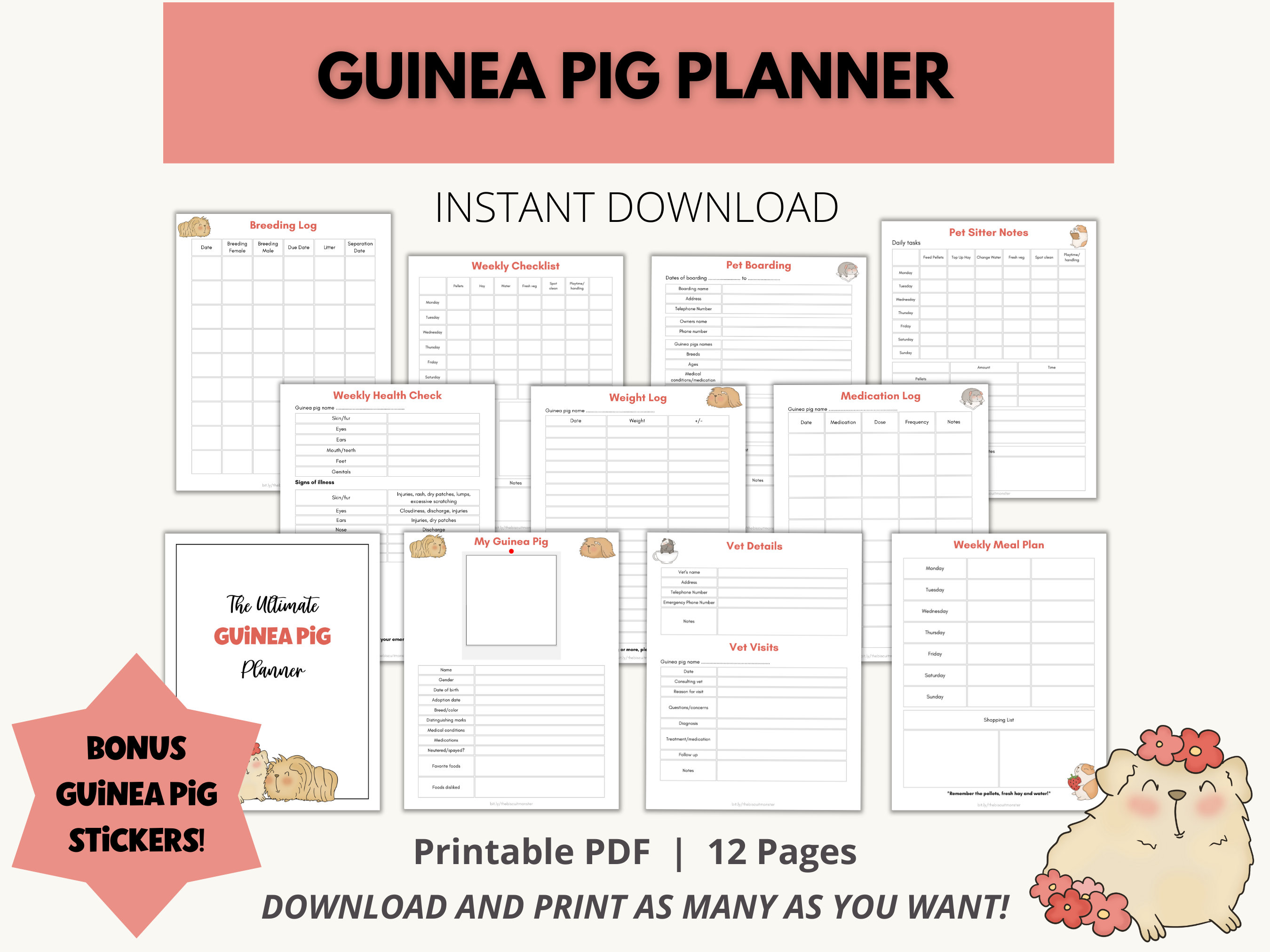Image showcasing Guinea Pig Planner Printable, Guinea Pig Pet Sitting Insert, Pet Health ...