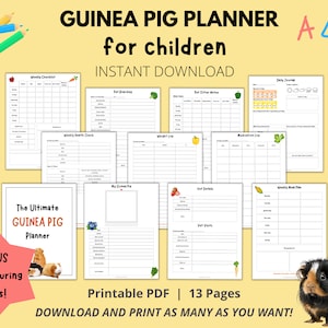 Planificador de conejillos de Indias imprimible para niños, tabla de tareas para niños, inserto de cuidado de mascotas de conejillos de Indias, registro de salud de mascotas, guía de carpetas de cuidado de mascotas