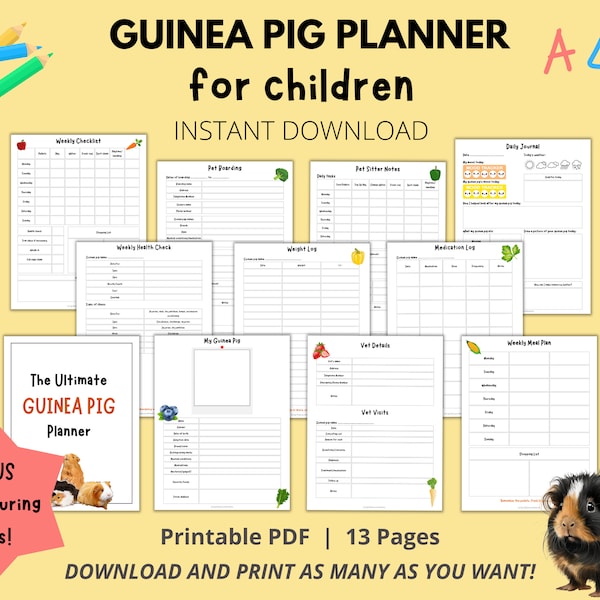 Guinea Pig Planner Printable for Children, Chore Chart For Kids, Guinea Pig Pet Sitting Insert, Pet Health Record, Pet Care Binder Guide