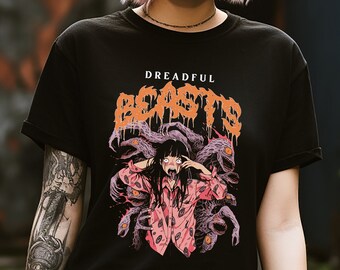 Camiseta unisex manga terror chica espeluznante, camiseta bestias espantosas, camiseta gótica anime oscuro, camiseta gótica manga