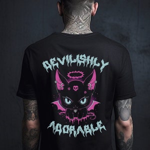 Weiches Goth Shirt Teuflisch Entzückend, Schwarzes Pastell Goth Katze T-Shirt, Gothic Kleidung, Goth Ästhetische Kleidung, Alternative Grafik Shirts