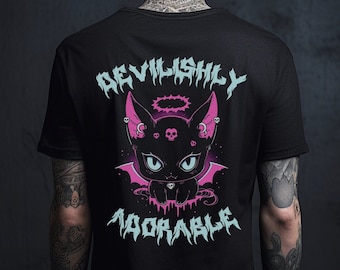 Soft Goth Shirt Devilishly Adorable, Black Pastel Goth Cat T-Shirt, Gothic Clothing, Goth Aesthetic Clothing, Alternative Graphic Shirts