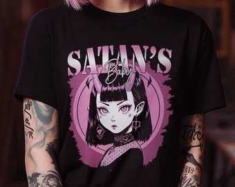 Soft Goth Shirt Satan's Baby, Black Pastel Goth Devil Girl T-Shirt, Gothic Clothing, Goth Aesthetic Clothing, Alternative Graphic Shirts