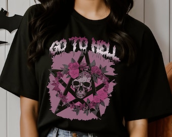 Weiches Goth Shirt Go To Hell, Schwarzes Pastell Goth Schädel Und Rosen Pentagramm T-Shirt, Goth Ästhetische Kleidung, Alternative Witchy Shirts