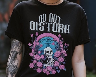 Soft Goth Shirt Do Not Disturb, Black Pastel Goth Flowers Skeleton Grave T-Shirt, Goth Aesthetic Clothing, Alternative Shirts