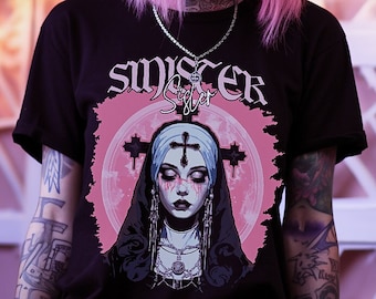 Soft Goth Shirt Sinister Sister, Black Pastel Gothic Nun T-Shirt, Goth Aesthetic Clothing, Alternative Witchy Shirts