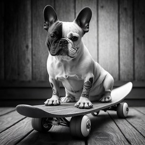 AI Digital Artwork French Bulldog on a skateboard in black & white