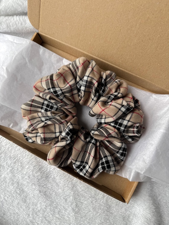 Nova Check Scrunchie - Designer-Inspired, Beige Tartan, Luxury Hair Accessory, Gift, Classic Check Pattern