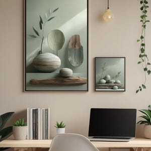 Op de afbeelding: Twee ingelijste kunstdrukken met een minimalistische esthetiek. Eén toont een vaas en abstracte vormen in gedempte groen- en bruintinten. De andere toont stenen. Een bureau met een laptop, boeken en planten maakt de scène compleet.