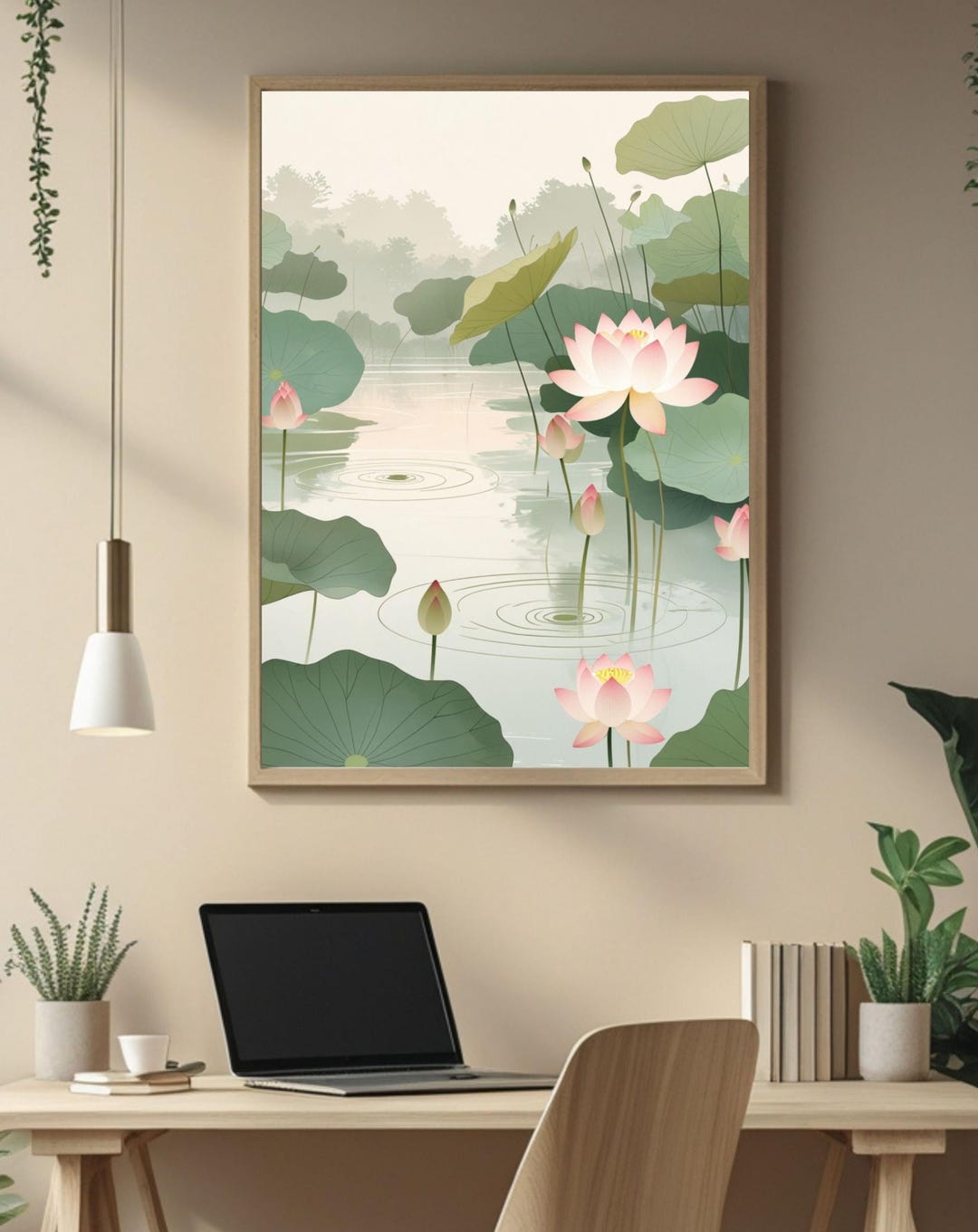 Japanese Lotus Pond Wall Art Minimalist Botanical Print Japandi Nature ...