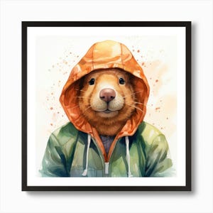 FRAMED*  Watercolour Cartoon Capybara In A H Framed Wall Art Poster Canvas Print Picture