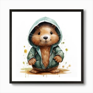 ENMARCADO* Póster de arte de pared enmarcado con dibujo de castor en acuarela en un gancho, impresión en lienzo
