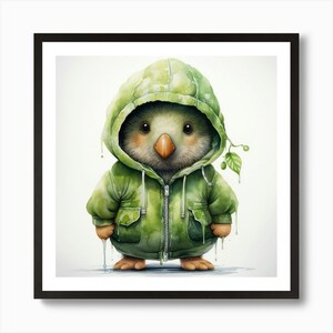 Póster de lienzo con diseño de kiwi con capucha en acuarela, enmarcado, para pared