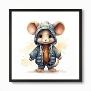 Póster de arte de pared enmarcado con diseño de ratón con capucha en acuarela, impresión en lienzo