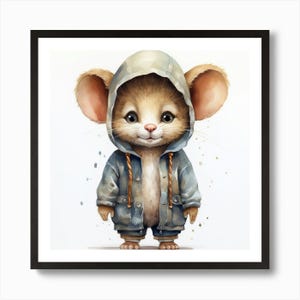 Póster de arte de pared enmarcado con diseño de ratón con capucha en acuarela, impresión en lienzo