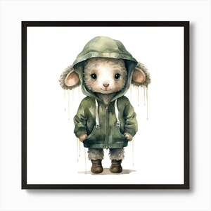 Póster de arte de pared enmarcado con diseño de oveja con capucha en acuarela, impresión en lienzo