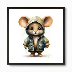 Póster de arte de pared enmarcado con diseño de ratón con capucha en acuarela, impresión en lienzo