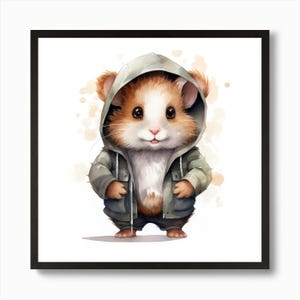 Póster de arte de pared enmarcado con diseño de hámster de dibujos animados en acuarela, impresión en lienzo
