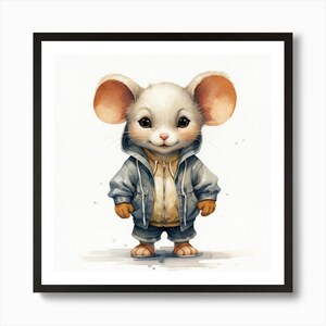 FRAMED*  Watercolour Cartoon Mouse In A Hood Framed Wall Art Poster Canvas Print Picture