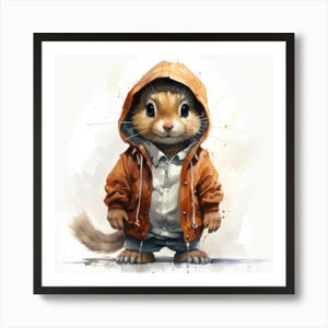 Póster de ardilla de dibujos animados en acuarela enmarcado en H, impresión en lienzo