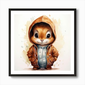 ENMARCADO* Ardilla de dibujos animados de acuarela en una H Póster de arte de pared enmarcado Impresión en lienzo Imagen