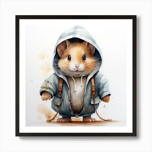Póster de arte de pared enmarcado con diseño de hámster de dibujos animados en acuarela, impresión en lienzo