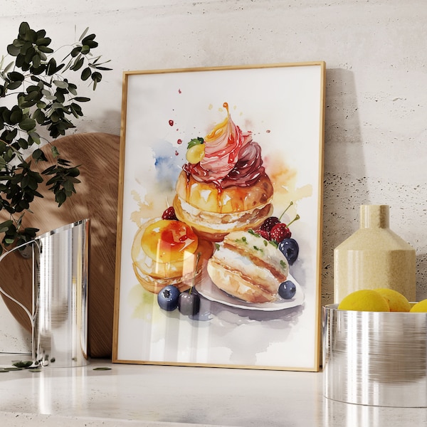 Digital Bright Colourful Watercolour Pastry & Berries Print, Digital Download Food Illustration, Cafe and Cake Shop Wall Decor