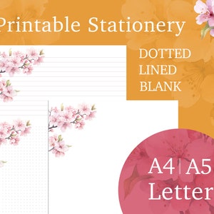 Set di cancelleria stampabile con fiori Sakura, set di scrittura carino di 3 fogli di carta da lettere formato A4 A5, fogli a righe, vuoti e con griglia a punti, carta per appunti