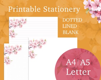 Sakura Flowers Printable Stationary, Cute Writing Set of 3 Size A4 A5 Letter Paper, Lined, Blank and Dot Grid Sheets, Notepaper