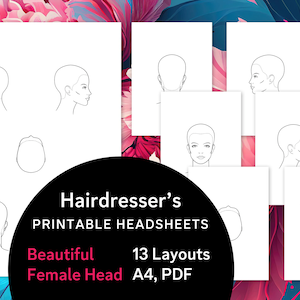 Puede incluir: Una colección de hojas de cabeza imprimibles con ilustraciones de líneas de una cabeza desde varios ángulos. El texto dice: Hairdresser's PRINTABLE HEADSHEETS, Beautiful, 13 Layouts, Female Head, A4, PDF. Estas hojas blancas muestran contornos faciales.