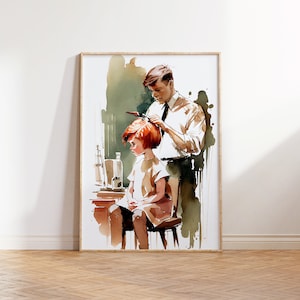 Hairdresser with a Kid, Digital Watercolor Hair Salon Picture, Hairdressing Printable Wall Art, Beauty Salon Decor, Hair Stylist Gift