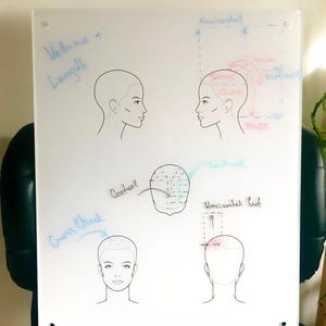 May include: A white board with hair styling diagrams and handwritten notes in blue and red ink. The diagrams include side and front views of a head, with labels such as "Volume + Length" and "Horizontal cut."