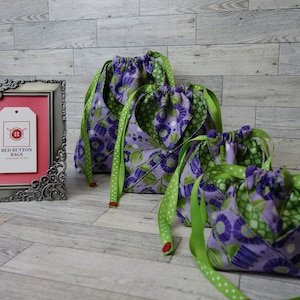 Set of 4 drawstring cotton bags with floral design fabric