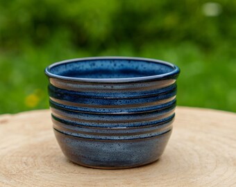 Blue and black striped ceramic flowerpot. Stoneware pot for indoor plant. Blue handmade flowerpot for outdoor plant.