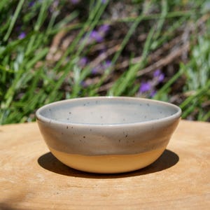 May include: A handmade ceramic bowl with a two-tone design. The upper portion is a speckled gray, transitioning to a soft yellow base. The bowl sits on a wooden surface, with a blurred background of green and purple foliage.