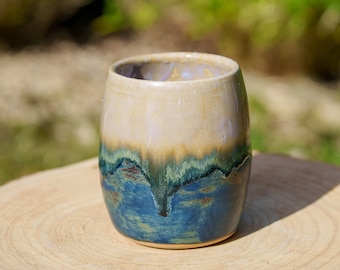 Beige and blue ceramic vase. Blue and beige stoneware ceramic vase. Artisanal pottery stoneware vase