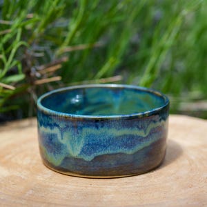 Straight green and blue ceramic bowl. Blue and green pottery bowl. Blue-green dessert bowl.