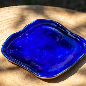 Blue ceramic bowl. Blue stoneware ceramic bowl. Small stoneware pottery plate. Handmade blue tray.