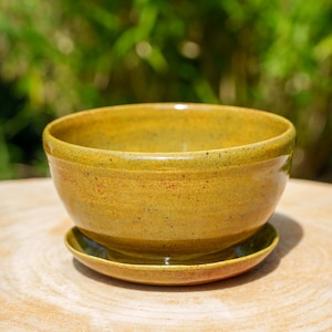 Green ceramic pot with integrated saucer. Green stoneware pot with saucer. Pottery plant vase. Green planter cover