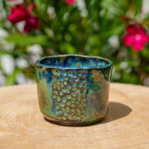 Blue and green ceramic ramekin. Small textured blue and green ceramic bowl. Pottery bowl. Handmade pottery.
