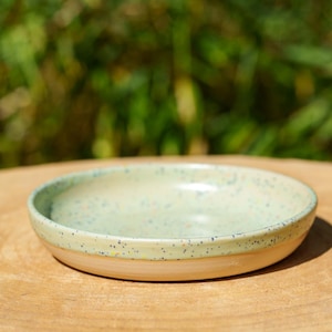 Peut inclure: Un petit bol rond en céramique avec un intérieur vert clair moucheté et un extérieur crème. Le bol est posé sur une surface en bois, avec un arrière-plan vert flou.