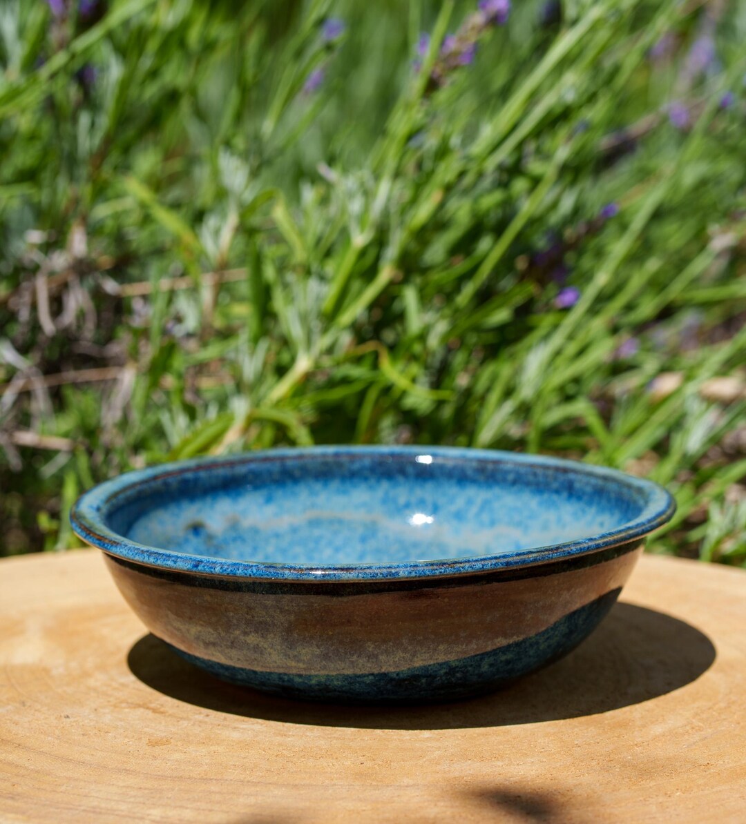 Blue and Bronze Stoneware Ceramic Deep Plate. Large Blue Ceramic Bowl