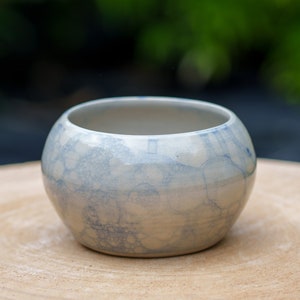 Peut inclure: Un bol en céramique blanche avec un glaçage marbré bleu et blanc. Le bol est rond et a un bord légèrement évasé.