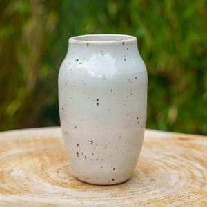 Può includere: Un vaso in ceramica macchiato, bianco sporco, con un corpo arrotondato e un bordo leggermente svasato. Il vaso ha una finitura liscia e lucida ed è adornato da piccole macchie marrone scuro. Si trova su una superficie di legno naturale su uno sfondo verde sfocato.