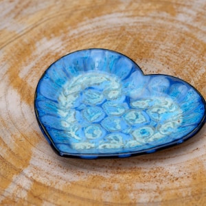 Blue ceramic heart-shaped dish. Blue ceramic trinket dish. Pottery jewelry dish. Handmade stoneware dish