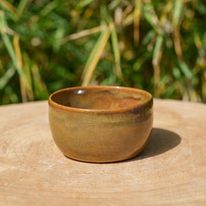 Può includere: Una piccola ciotola in ceramica fatta a mano con una forma arrotondata. La ciotola ha una calda tavolozza di colori terrosi, con sfumature di marrone e beige. L'interno ha una finitura lucida, mentre l'esterno appare opaco. La ciotola viene probabilmente utilizzata per servire cibo o come oggetto decorativo.