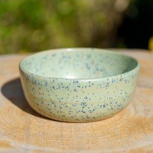 Puede incluir: Un cuenco pequeño y redondo de cerámica con un esmalte verde claro y moteado con puntos azules, amarillos y rojos. El cuenco está sobre una superficie de madera marrón claro. Ideal para servir porciones pequeñas.