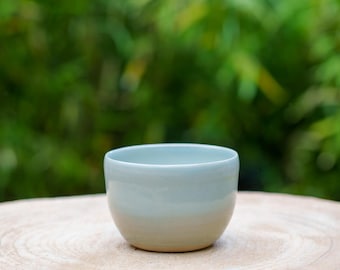 青磁色の装飾陶器のボウル。パステルブルーの陶器の小物入れ。ブルーの