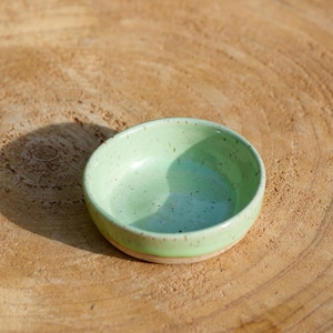 Peut inclure: Un petit bol rond en céramique vert clair avec des détails mouchetés. Le bol a un bord légèrement évasé et repose sur une surface en bois naturel. Le bol est probablement fait à la main et convient pour servir des sauces ou de petites portions.