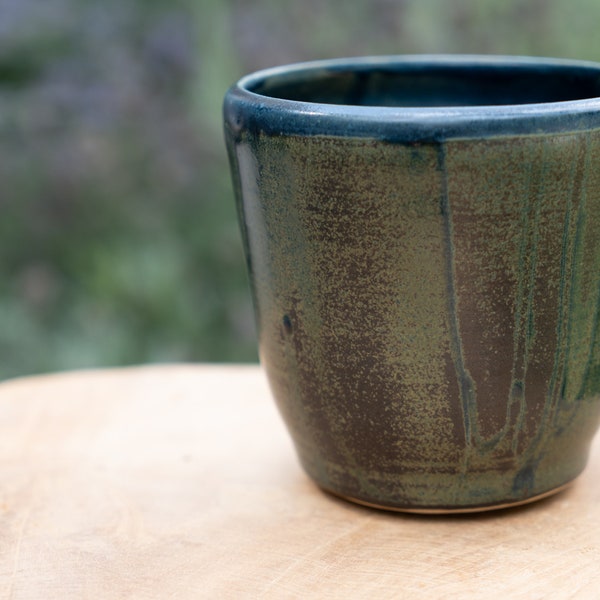 Blue and bronze ceramic flowerpot. Stoneware pot for indoor plant. Handmade outdoor plant pot cover. Unique ceramic piece
